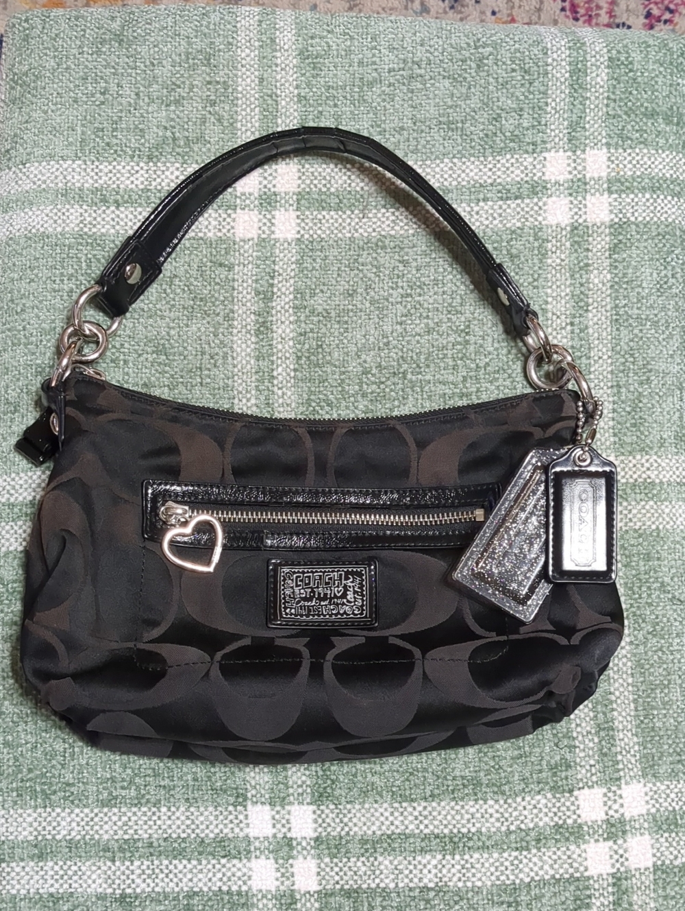 Y2K Coach Black Signature Jacquard Small Shoulder Bag with Heart Charm